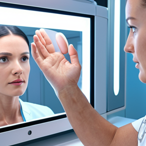Home 11 **A dermatologist examining a patient's skin with AI assistance, futuristic clinic setting, bright and clean.** (Focus on the modern technology aspect and clinical environment)
