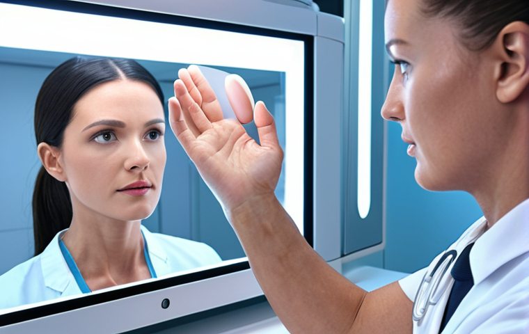 **A dermatologist examining a patient's skin with AI assistance, futuristic clinic setting, bright and clean.** (Focus on the modern technology aspect and clinical environment)