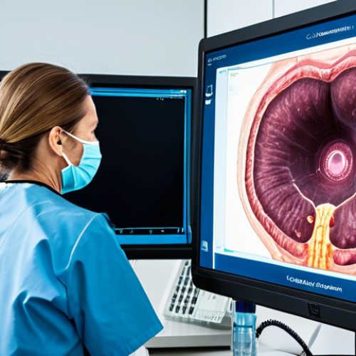 Home 6 Colonoscopy - AI assisted polyp detection**
"A gastroenterologist performing a colonoscopy, viewing a large monitor displaying the colon interior. Highlighted on the screen are areas identified as potential polyps by an AI diagnostic system. Medical environment, sterile setting, professional lighting, fully clothed doctor, appropriate attire, safe for work, showcasing advanced medical technology, perfect anatomy, correct proportions, natural pose, high resolution, professional photography."
**