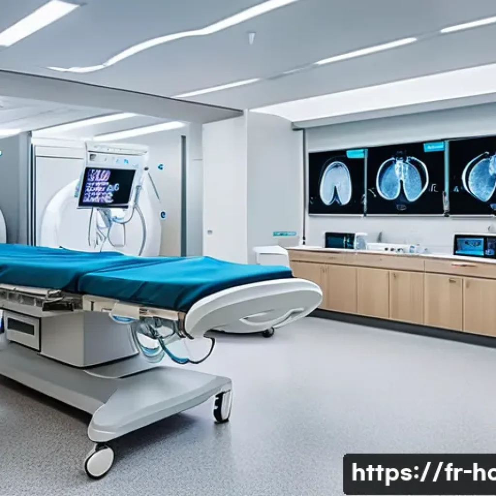 간질환 전문 병원 추천 - A modern French university hospital hepatology department interior, featuring advanced medical imagi...