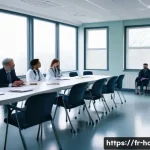 Home 22 심리치료 병원과 프로그램 비교 - A modern psychiatric hospital interior showing a multidisciplinary team meeting: psychiatrists, psyc...