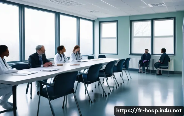 심리치료 병원과 프로그램 비교 - A modern psychiatric hospital interior showing a multidisciplinary team meeting: psychiatrists, psyc...