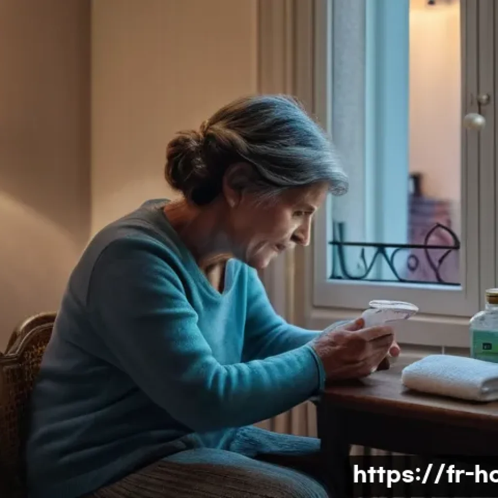 대장내시경 시 장정결제 복용법 - A calm and cozy home bathroom scene showing a middle-aged French person preparing to take a prescrib...