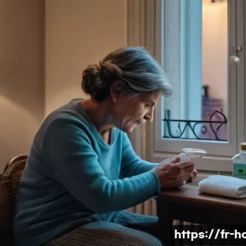 Home 33 대장내시경 시 장정결제 복용법 - A calm and cozy home bathroom scene showing a middle-aged French person preparing to take a prescrib...