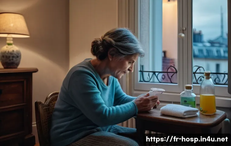 대장내시경 시 장정결제 복용법 - A calm and cozy home bathroom scene showing a middle-aged French person preparing to take a prescrib...