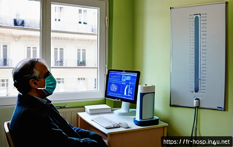 폐 기능 검사와 진단 가능한 질환 - A modern French pulmonologist&rsquo;s office with a middle-aged French patient undergoing spirometry testi...