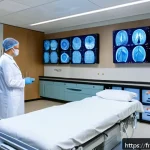 Home 23 뇌졸중 치료 전문 병원 추천 - A modern French stroke care center’s neurovascular unit interior, featuring advanced medical equipme...