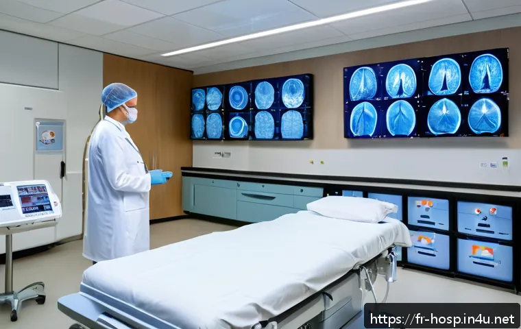 뇌졸중 치료 전문 병원 추천 - A modern French stroke care center&rsquo;s neurovascular unit interior, featuring advanced medical equipme...