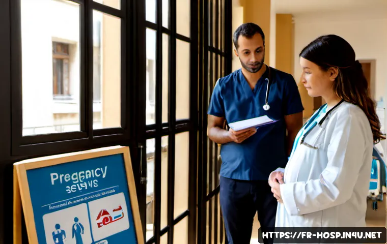 임산부를 위한 종합병원 선택 기준 - Photorealistic maternity hospital consultation in France, a visibly pregnant woman in modest casual ...
