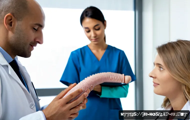 Home 30 소화기 내과와 위장내과의 차이 - Photorealistic French hospital consultation room, a gastroenterologist in a white coat calmly review...