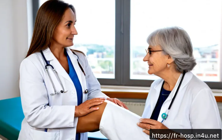 Home 17 퇴행성 관절염 치료를 위한 병원 - Photorealistic French hospital rheumatology consultation, compassionate middle-aged doctor in a whit...
